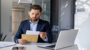 Serious businessman reviewing documents in modern office